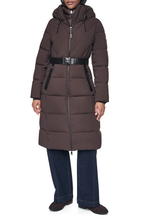 Water Resistant Belted Long Puffer Coat with Bib