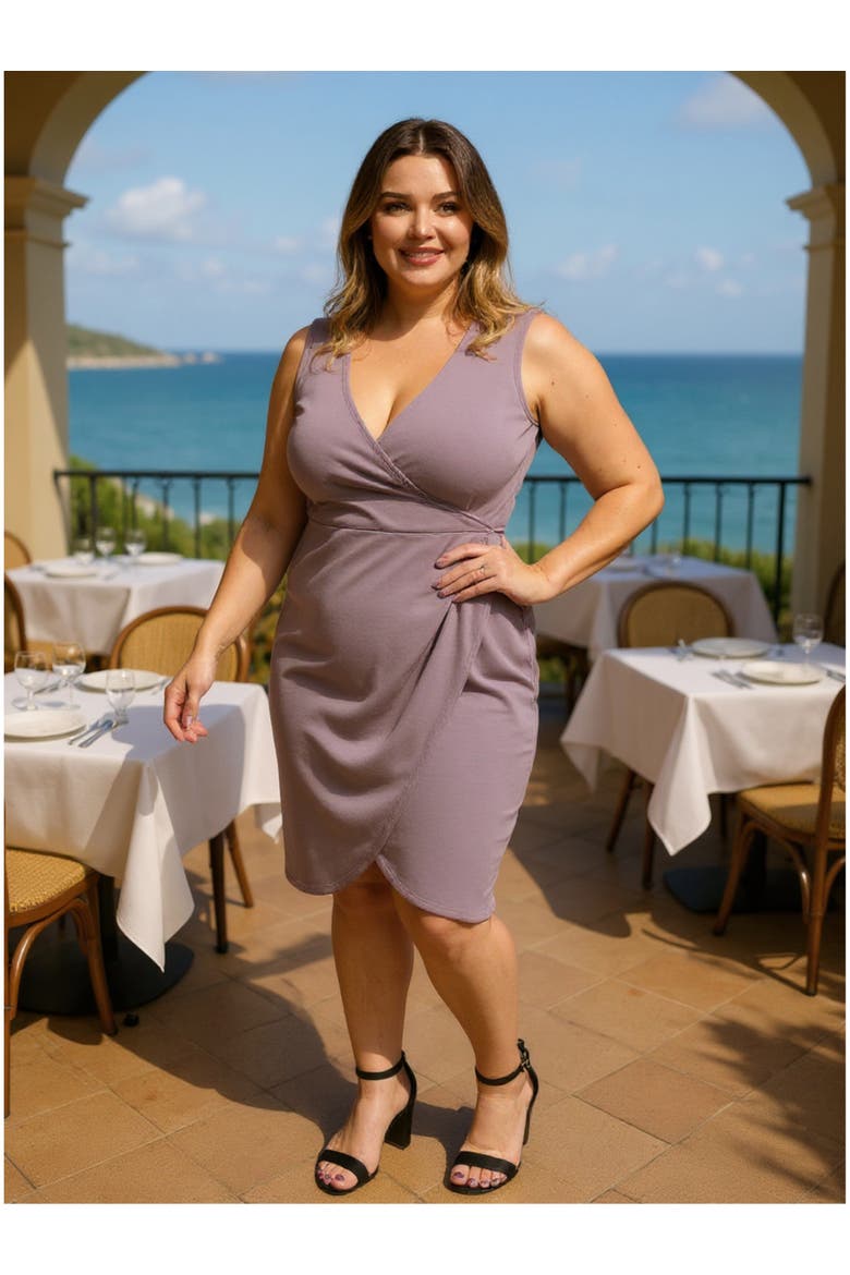 Plus Size Solid V-Neck Sleeveless Faux Wrap Tulip Hem Midi Dress, Alternate, color, Lavender