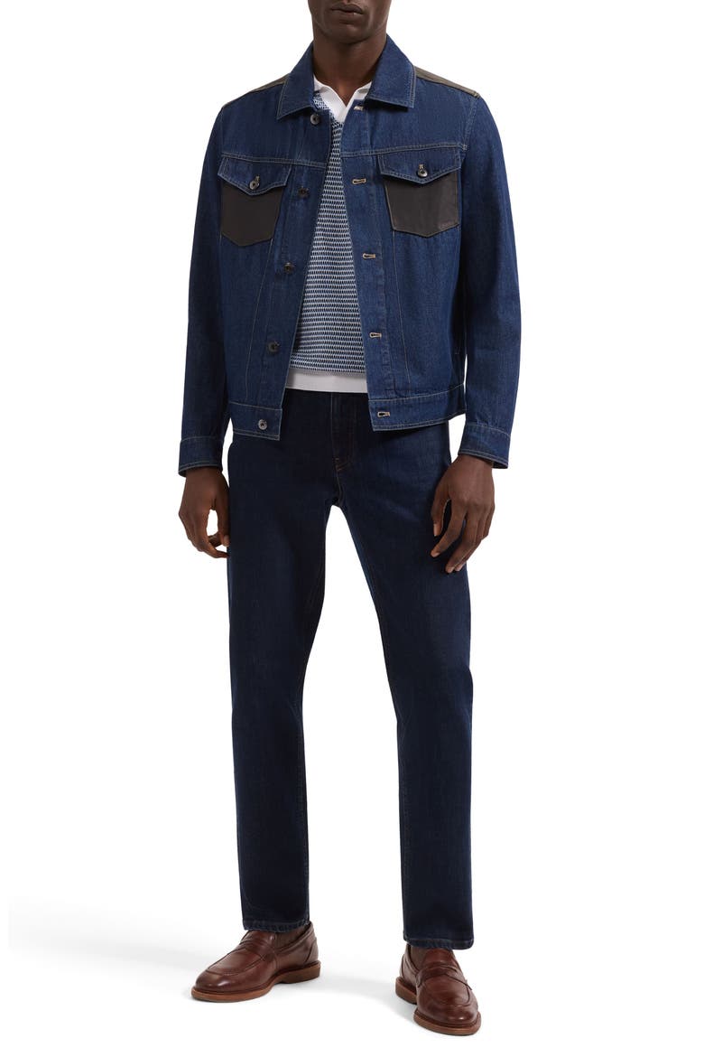 Leather Trim Denim Trucker Jacket, Alternate, color, NAVY