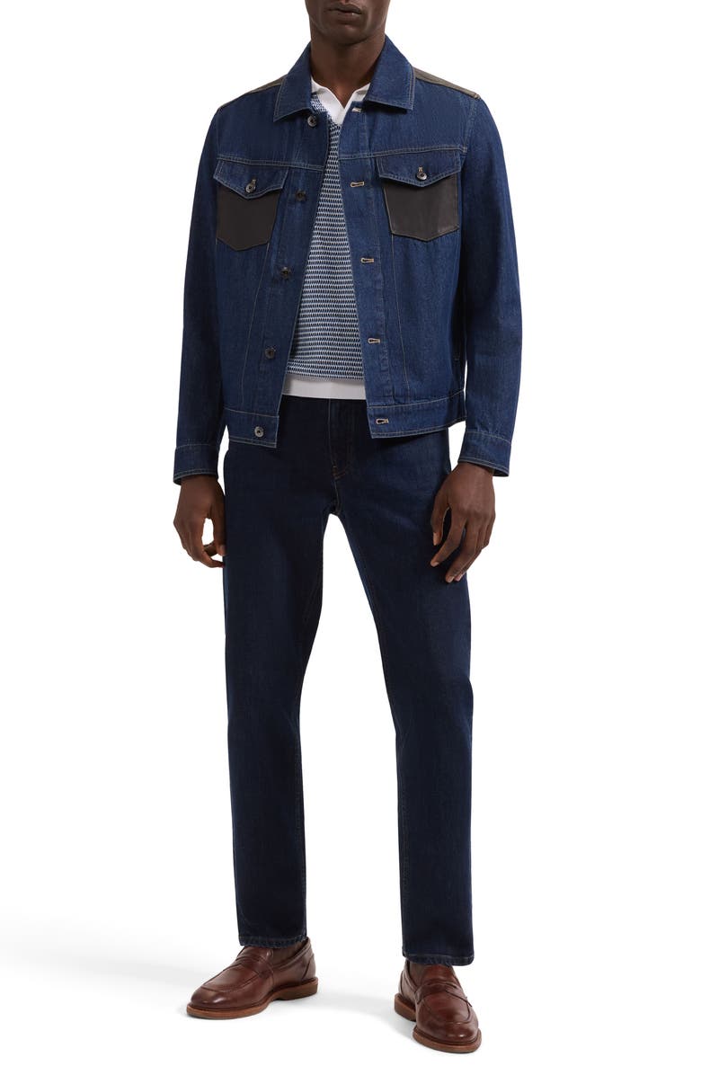 Bugatchi Leather Trim Denim Trucker Jacket, Alternate, color, Navy