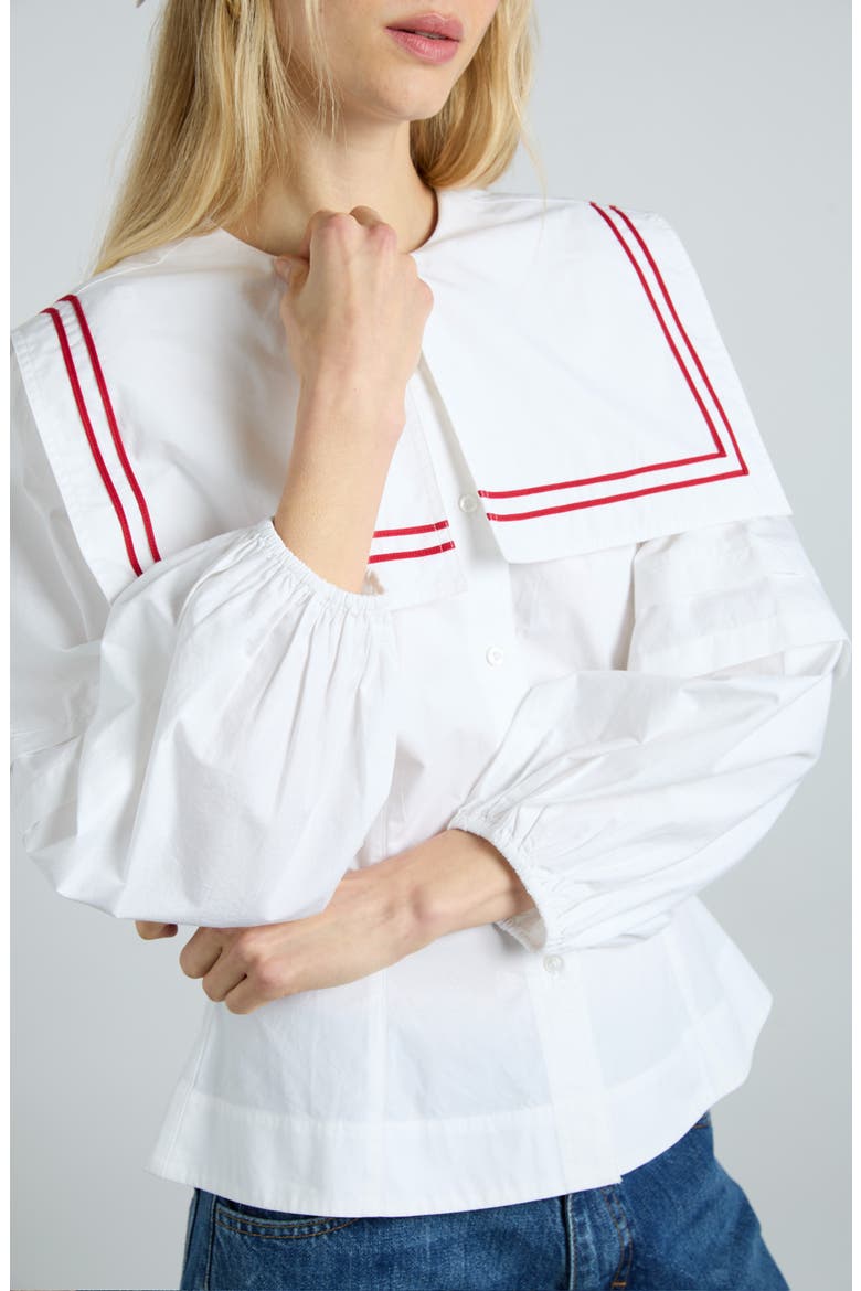 Elise Sailor Collar Long Sleeve Organic Cotton Top, Alternate, color, WHITE