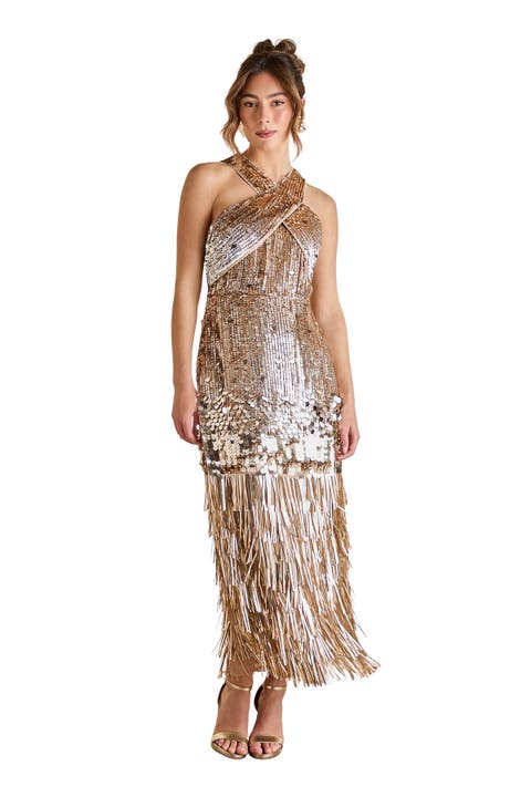 Gold Sequin Tassel Halter Neck Dress
