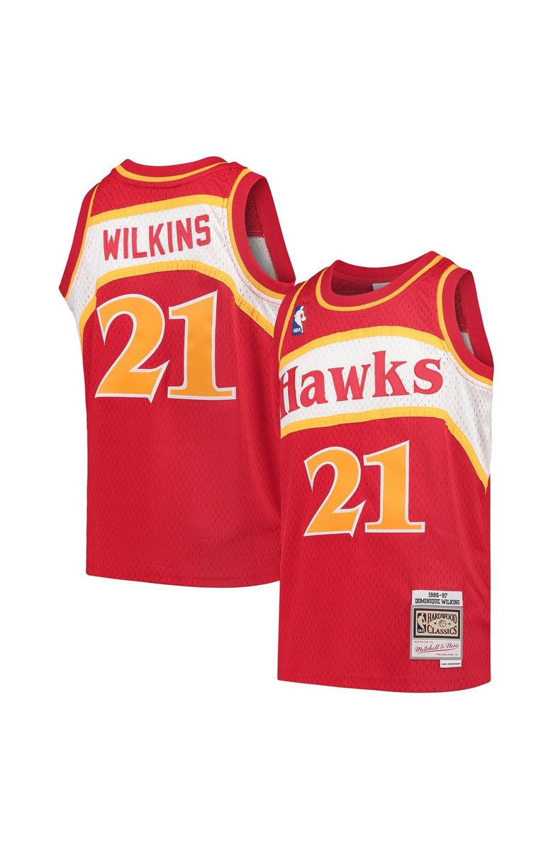 Mitchell & Ness Youth Mitchell & Ness Dominique Wilkins Red Atlanta Hawks 1986/87 Hardwood Classics Swingman Throwback Jersey, Main, color, 