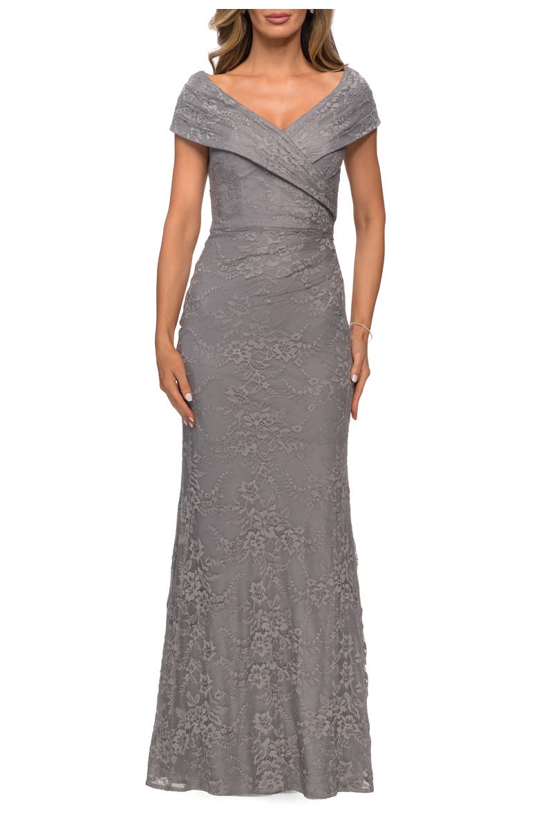 La Femme Lace Off The Shoulder Cap Sleeve Evening Dress, Main, color, Platinum