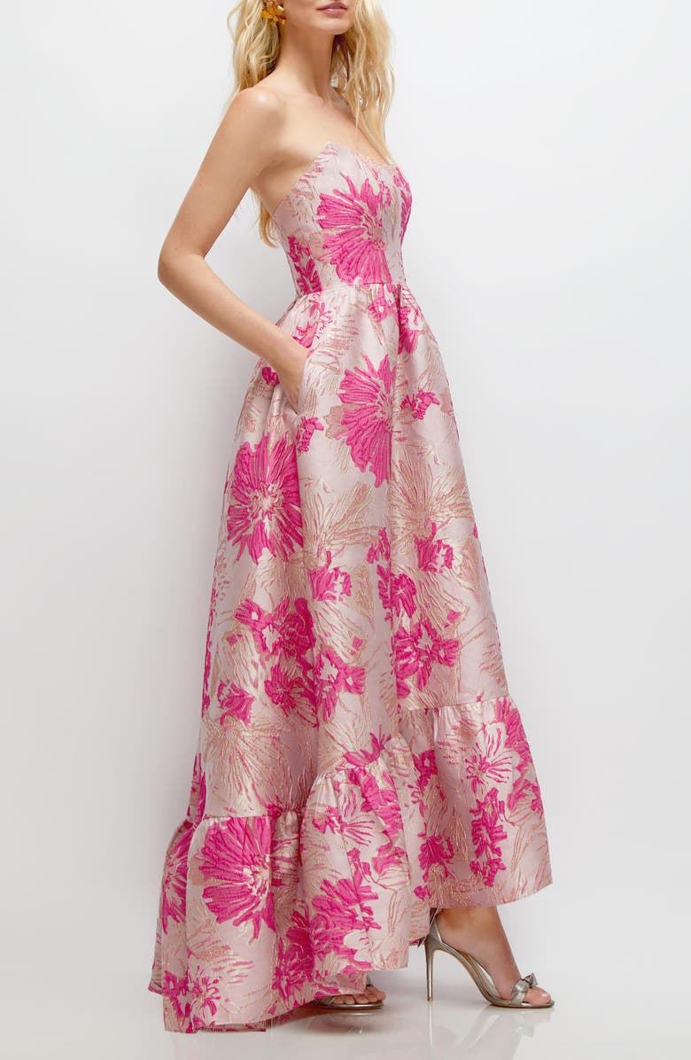 Dessy Collection Hibiskus Metallic Jacquard Strapless High-Low Gown, Alternate, color,