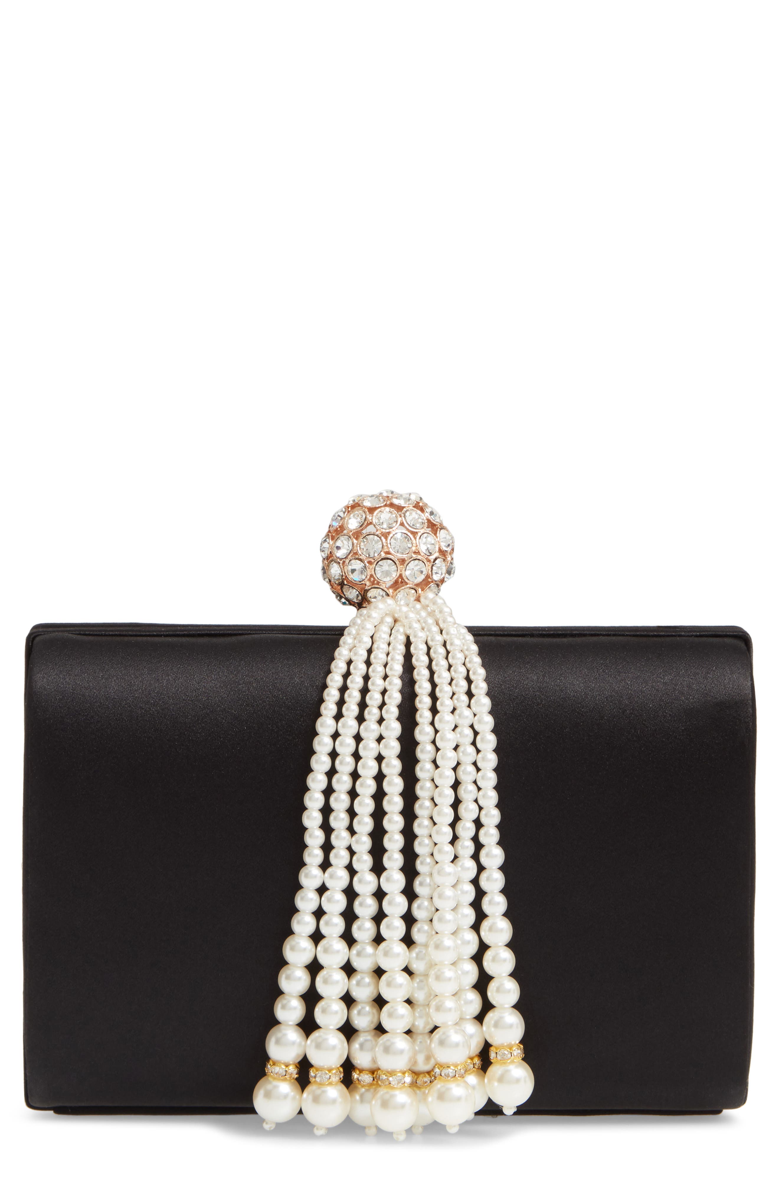 Nordstrom Imitation Pearl Fringe Satin Minaudière, Main, color, Black
