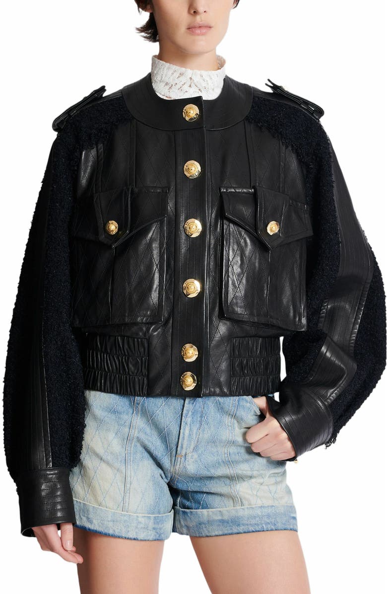 Balmain Tweed And Leather Bomber Jacket, Alternate, color, Black