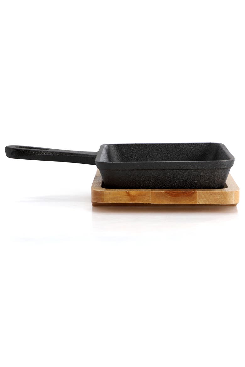 Mini Cast Iron Square Pan with Wood Tray, Alternate, color, Black