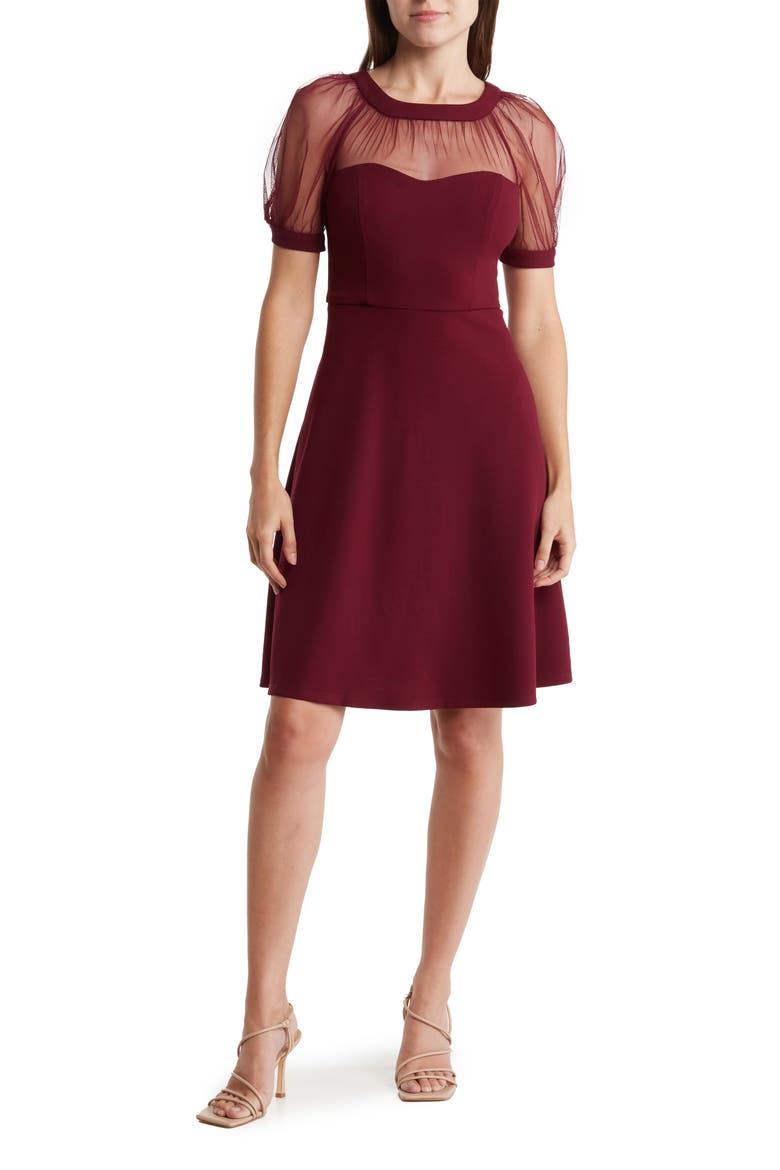 Mesh Illusion Short Sleeve Dress, Main, color, ARRESTING BURGUNDY