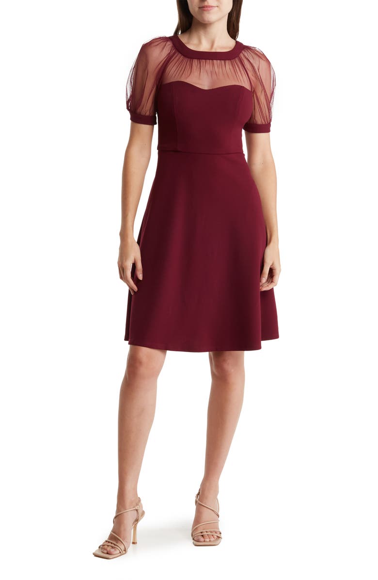 Maggy London Mesh Illusion Short Sleeve Dress, Main, color, Arresting Burgundy