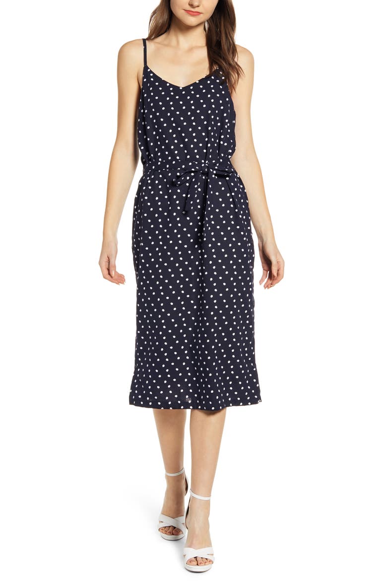 Pip Polka Dot Belted Midi Dress, Main, color, NAVY
