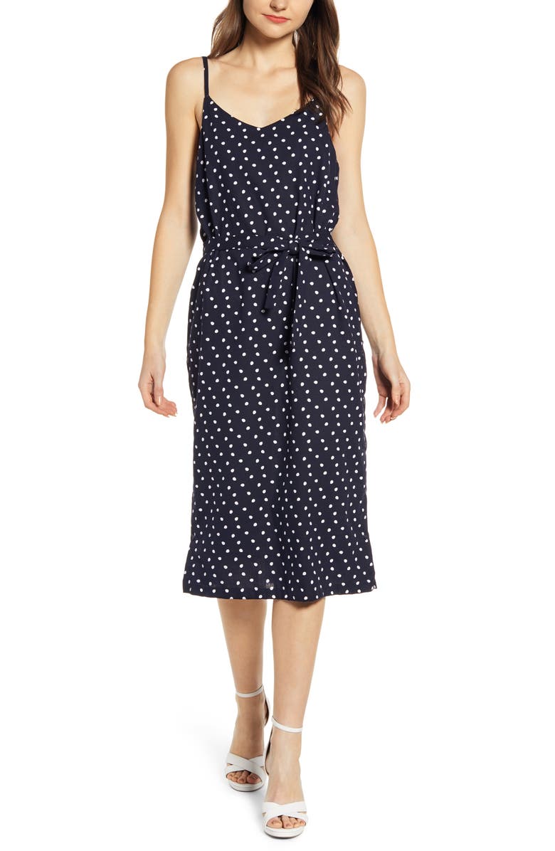 MINKPINK Pip Polka Dot Belted Midi Dress, Main, color, 