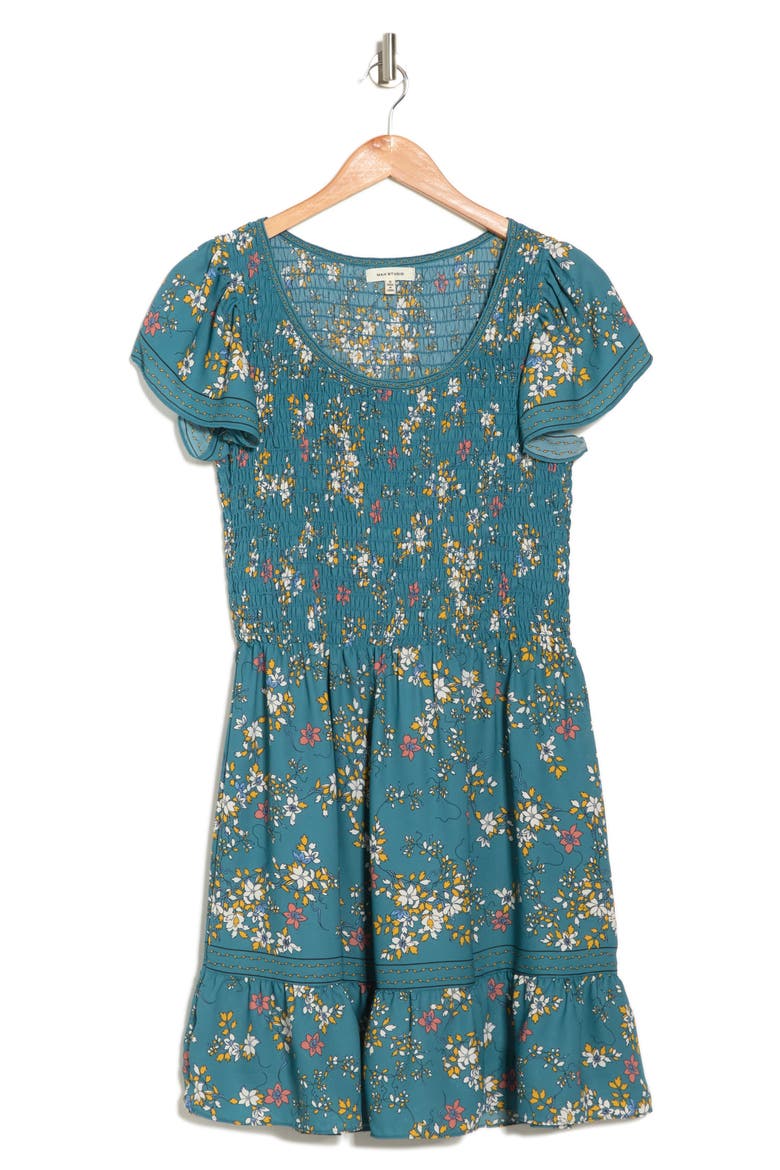 Smocked Floral Print Mini Dress, Alternate, color, SOFT TEAL CLIMBING JASMINE