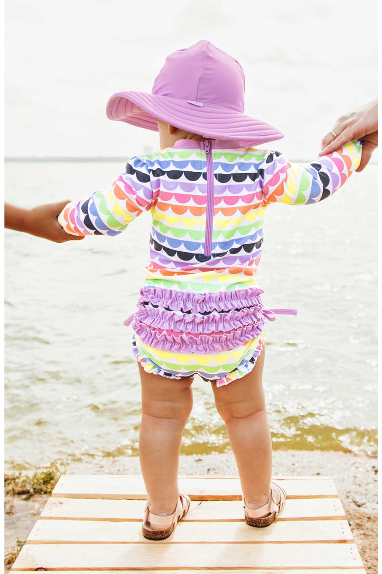 Rainbow Scallop One-Piece Rashguard Swimsuit & Hat Set, Alternate, color, PURPLE