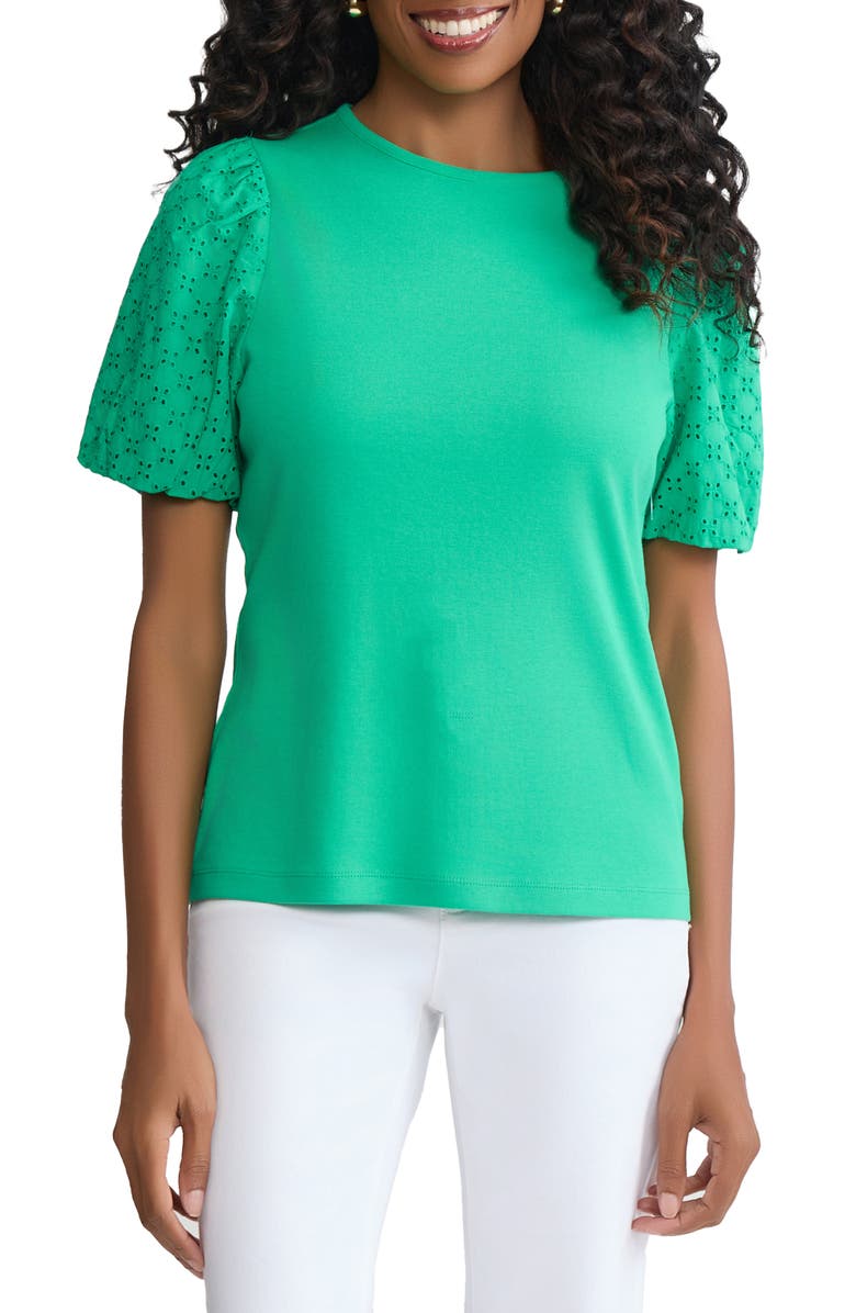 Jones New York Eyelet Puff Sleeve Crewneck Top, Main, color, 