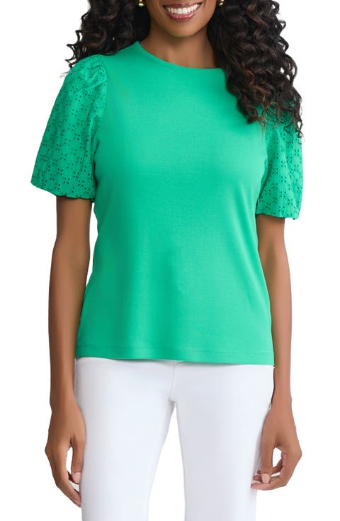 Eyelet Puff Sleeve Crewneck Top
