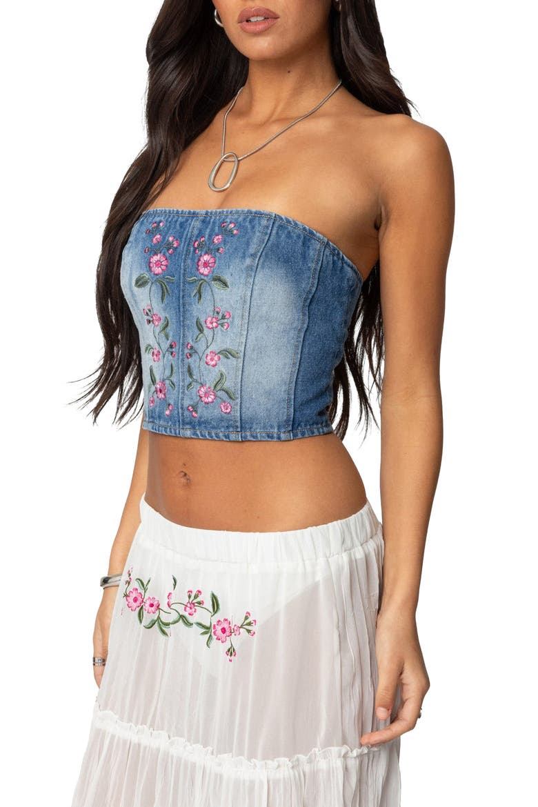 Tula Floral Embroidered Strapless Denim Corset Top, Alternate, color, BLUE