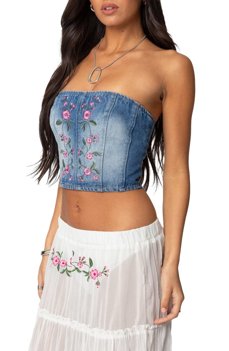 EDIKTED Tula Floral Embroidered Strapless Denim Corset Top, Alternate, color, Blue