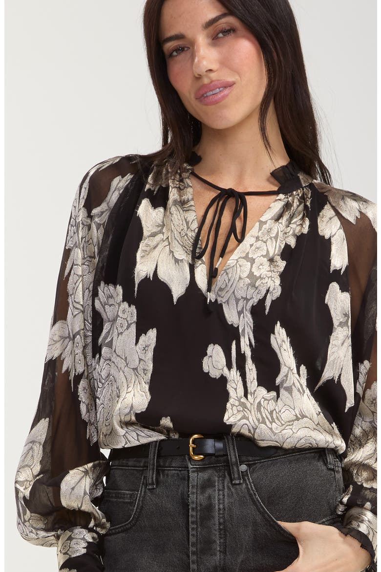 Floral Jacquard Chiffon Split Neck Top, Alternate, color, BLACK MULTI