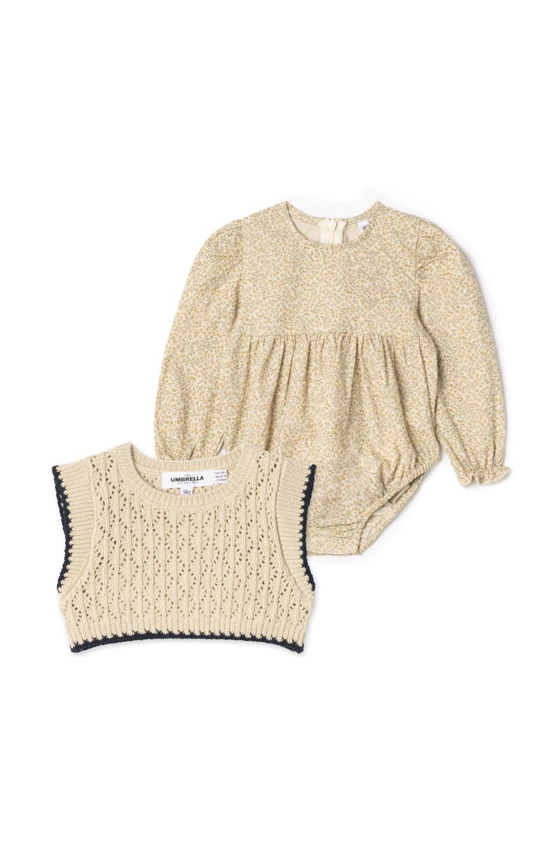 The Umbrella Academy Woven Bubble Floral Romper & Removable Knit Vest Set, Main, color, Beige