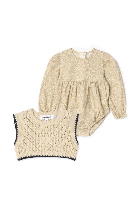 Woven Bubble Floral Romper & Removable Knit Vest Set (Baby)