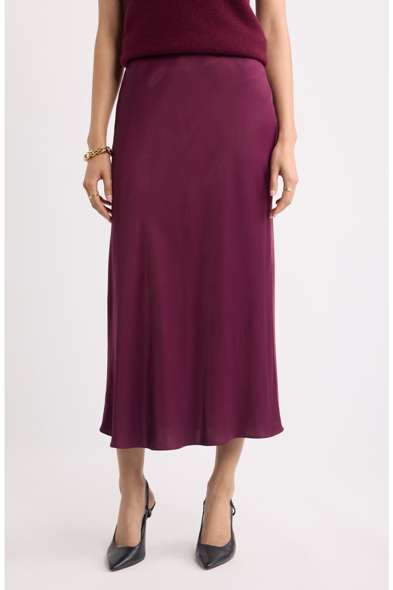 Bias Cut Satin Midi Skirt, Main, color, BURGUNDY FIG