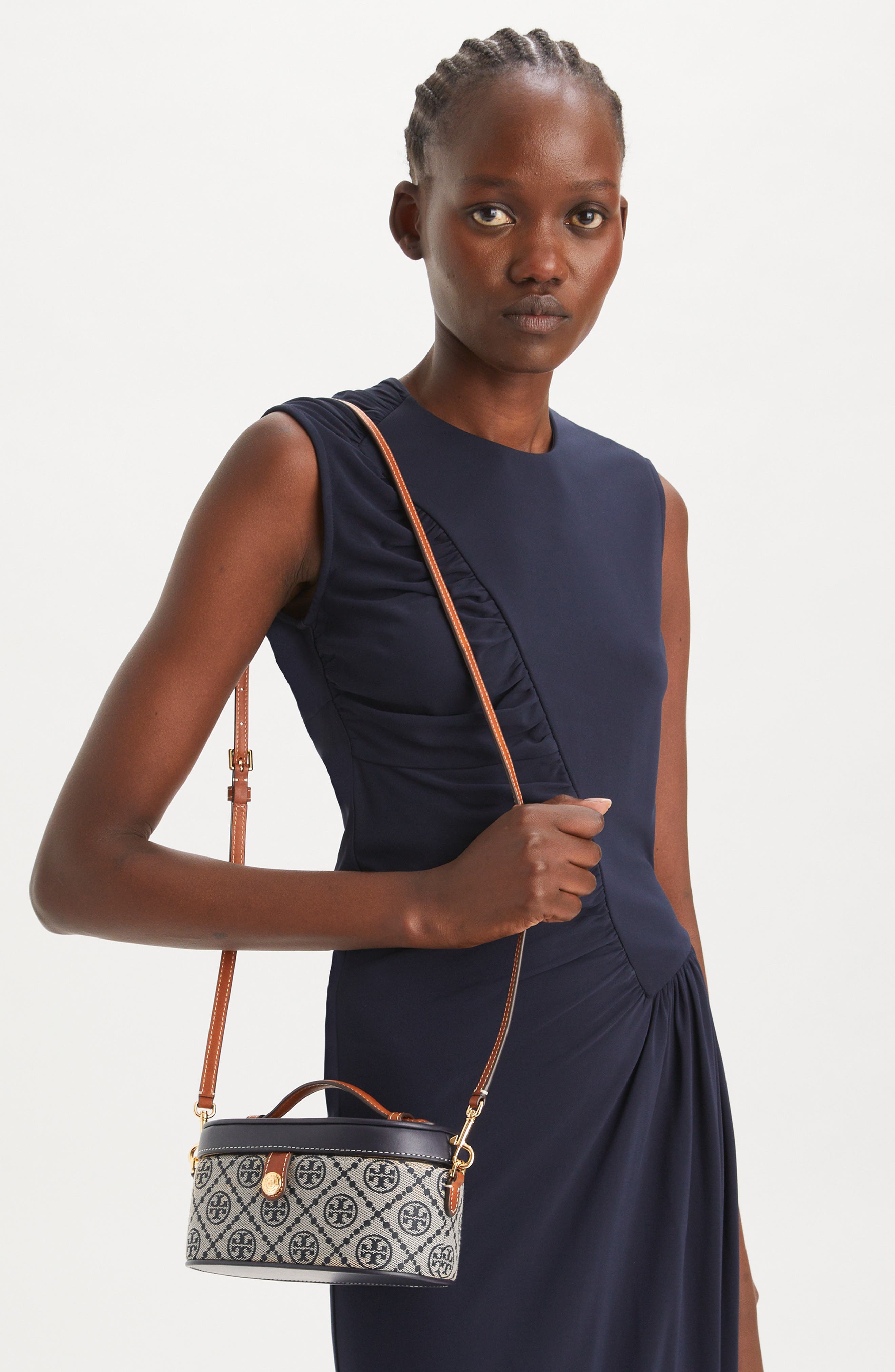 Tory Burch T Monogram Jacquard & Leather Vanity Train Case, Alternate, color, Tory Navy