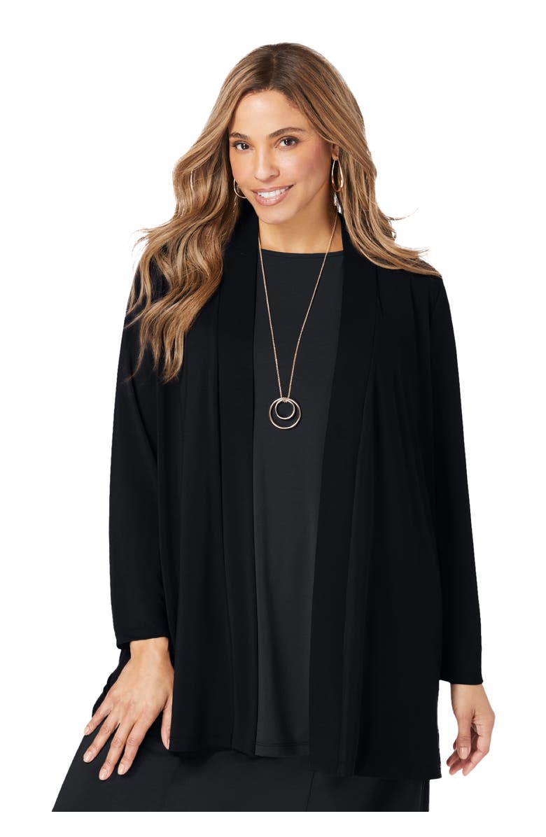 Jessica London Stretch Knit Open Front Knit Topper, Main, color, Black