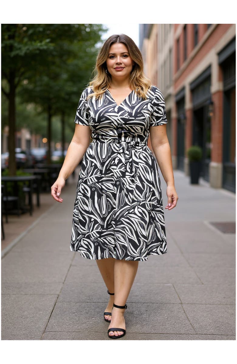 24seven Comfort Apparel Curvy Essential Abstract V-Neck Short Sleeve A-Line Midi Dress, Alternate, color, Black Multi