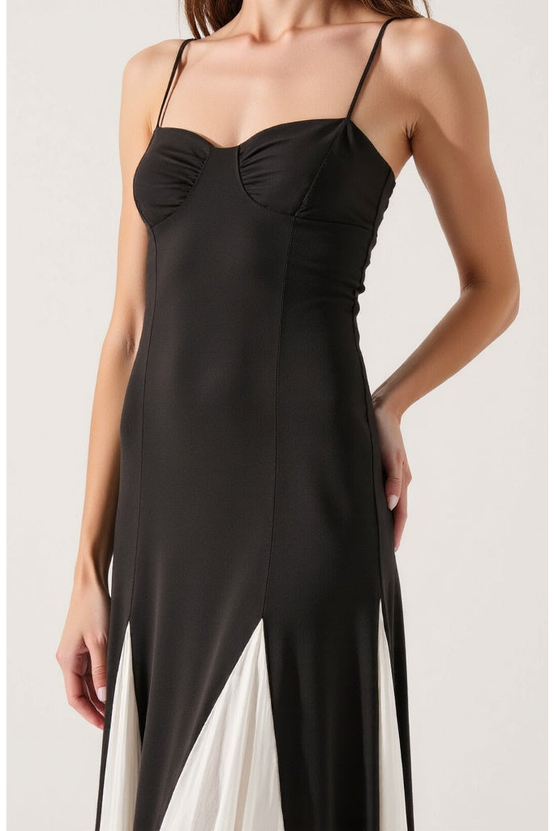 Spaghetti Strap Bustier Maxi Dress with Pleated Contrast Panels, Alternate, color, Black / White