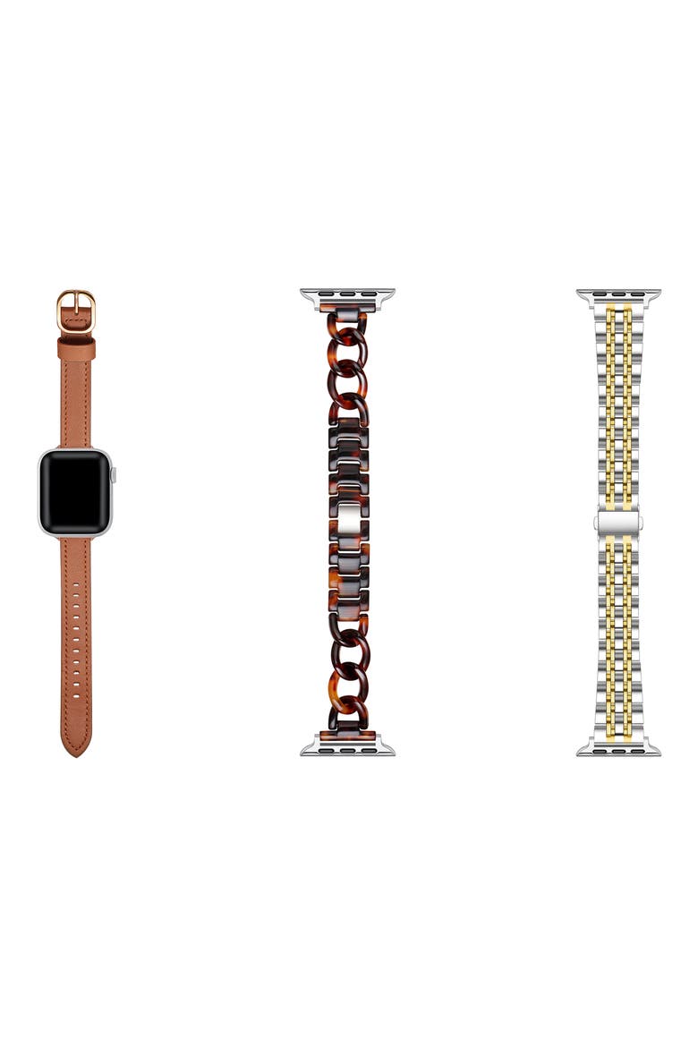Set of 3 Apple Watch® Watchbands, Alternate, color, BROWN/ METTALIC BROWN/ SILVER