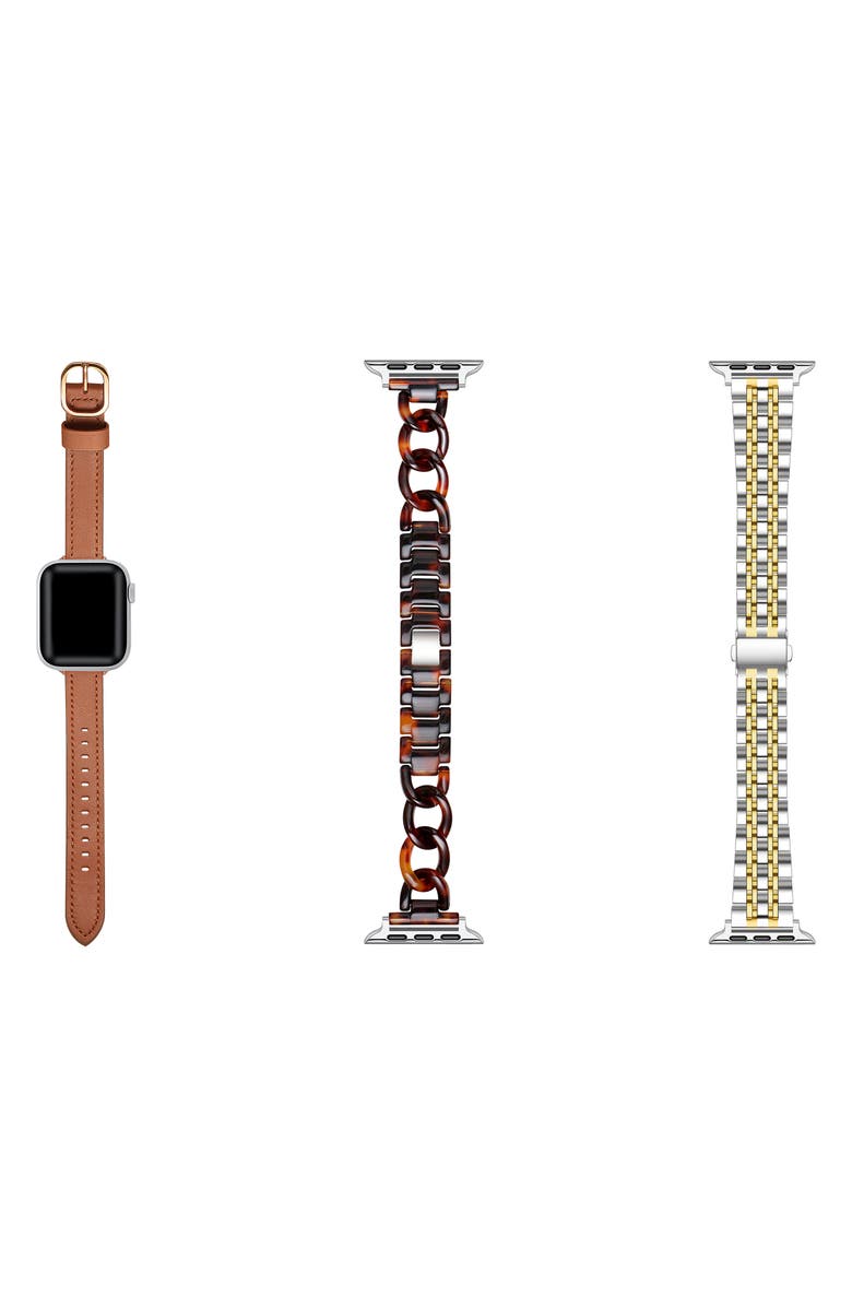 The Posh Tech Set of 3 Apple Watch<sup>®</sup> Watchbands, Alternate, color, Brown/ Mettalic Brown/ Silver