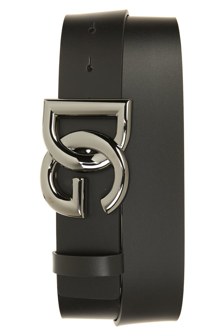 DG Logo Buckle Leather Belt, Main, color, NERO