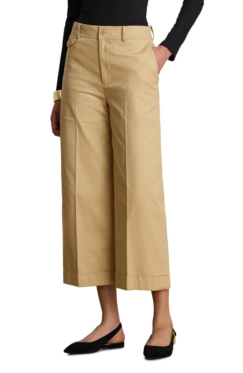 Lauren Ralph Lauren Cotton Stretch Twill Crop Wide Leg Pants, Main, color, Birch Beige
