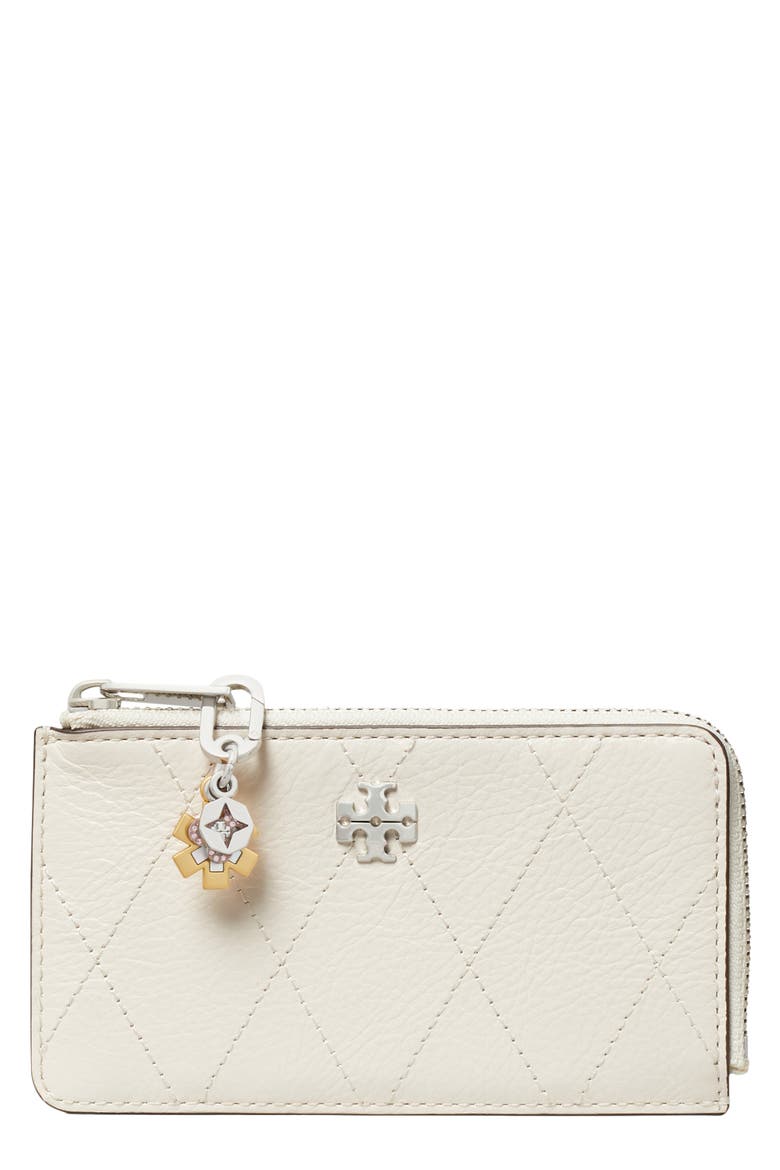 Charlie Quilted Zip Leather Card Case, Main, color, LIGHT CREAM / CHARMS