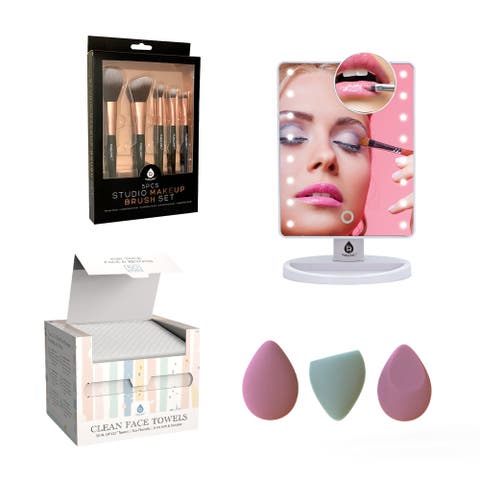 Complete Beauty Set Makeup Brushes, Facial Towels, LED Mirror & Blender Sponges