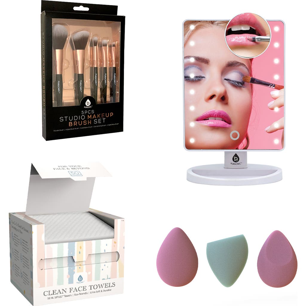 PURSONIC Complete Beauty Set Makeup Brushes, Facial Towels, LED Mirror & Blender Sponges