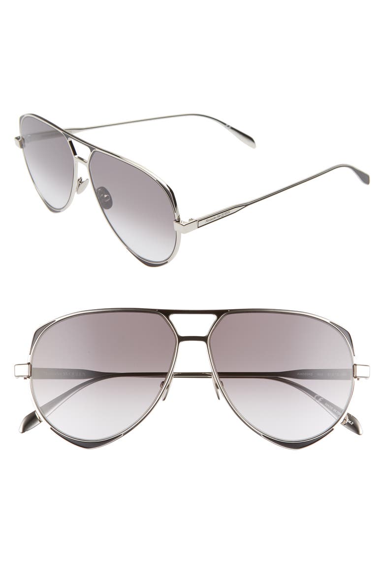 Alexander McQueen 61mm Aviator Sunglasses, Main, color, SHINY SILVER/ BLACK