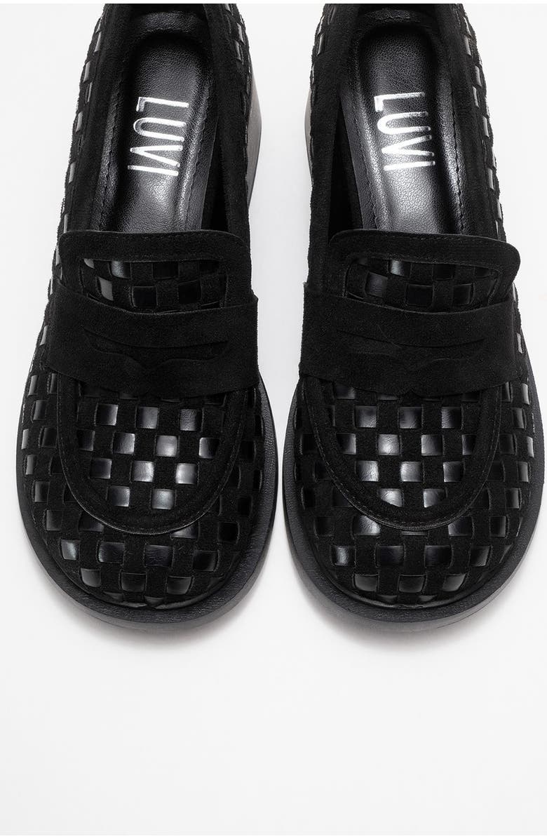 Prologue Shoes Marlon Woven Block Heel Loafer, Alternate, color, Black Faux Leather