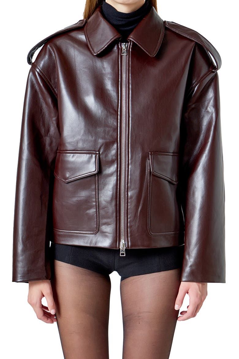 Oversize Faux Leather Jacket, Alternate, color, BROWN