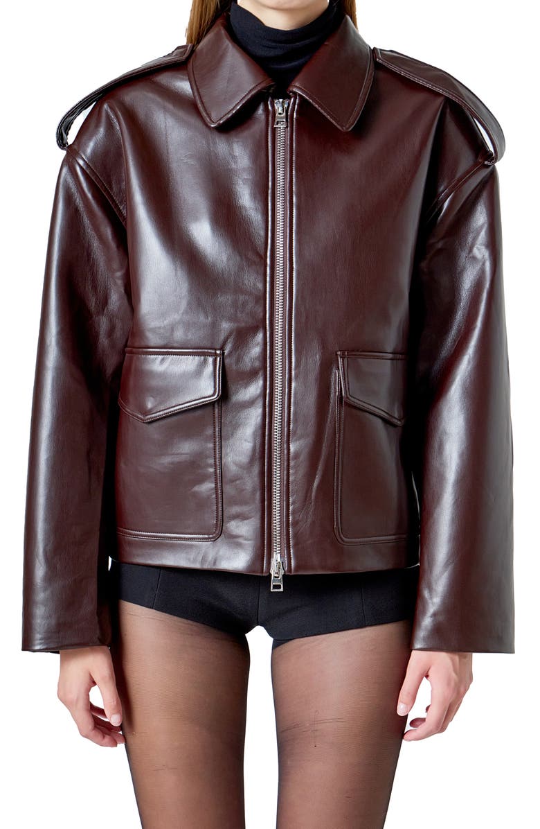Endless Rose Oversize Faux Leather Jacket, Alternate, color, Brown