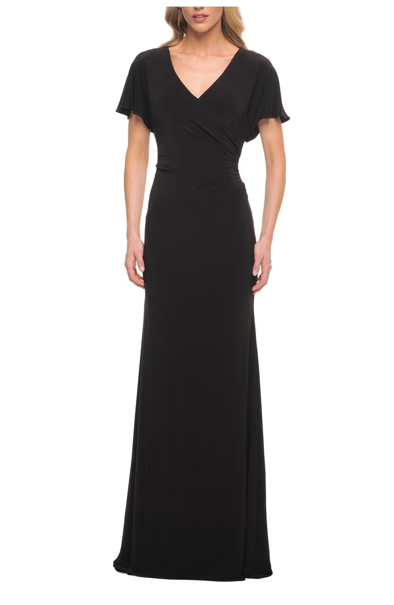 La Femme Chic Jersey Dress with V Neck and Loose Sleeves, Main, color, Black