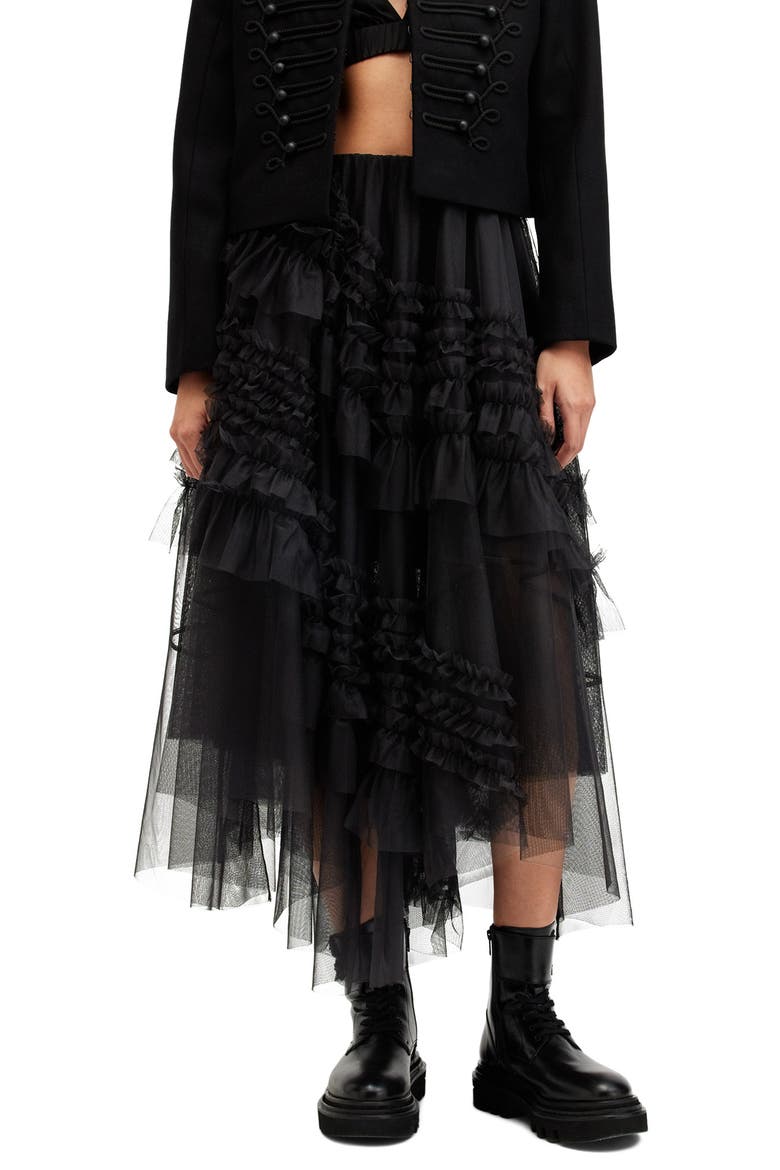 Jen Asymmetric Hem Tulle Skirt, Main, color, BLACK