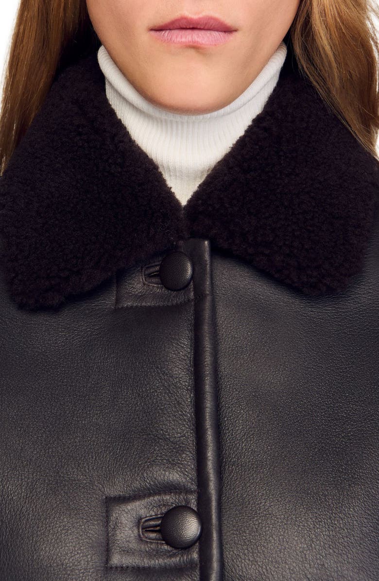 SANDRO Aviator shearling coat, Alternate, color, Black Brown