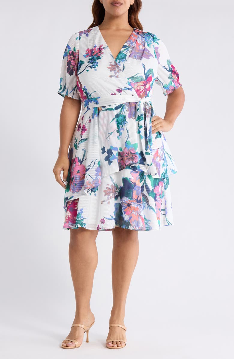 Tahari ASL Shadow Stripe & Floral Print Dress, Main, color, Ivory Floral