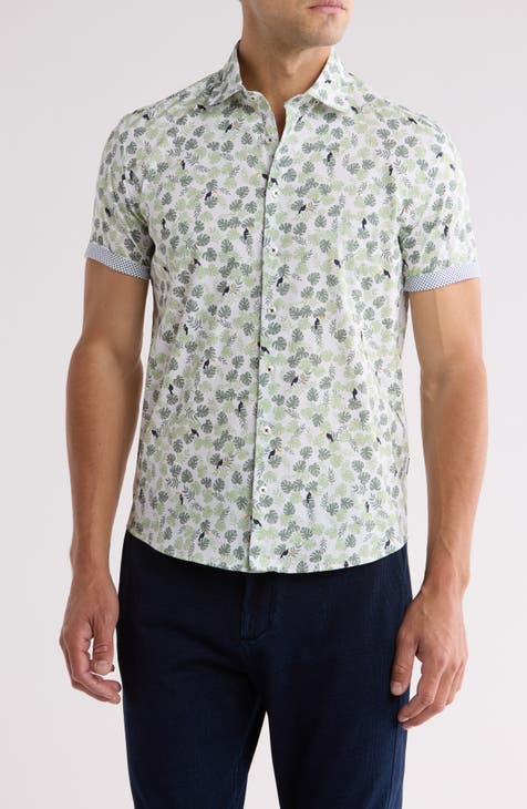 Leaf Print Short Sleeve Button-Up Shirt