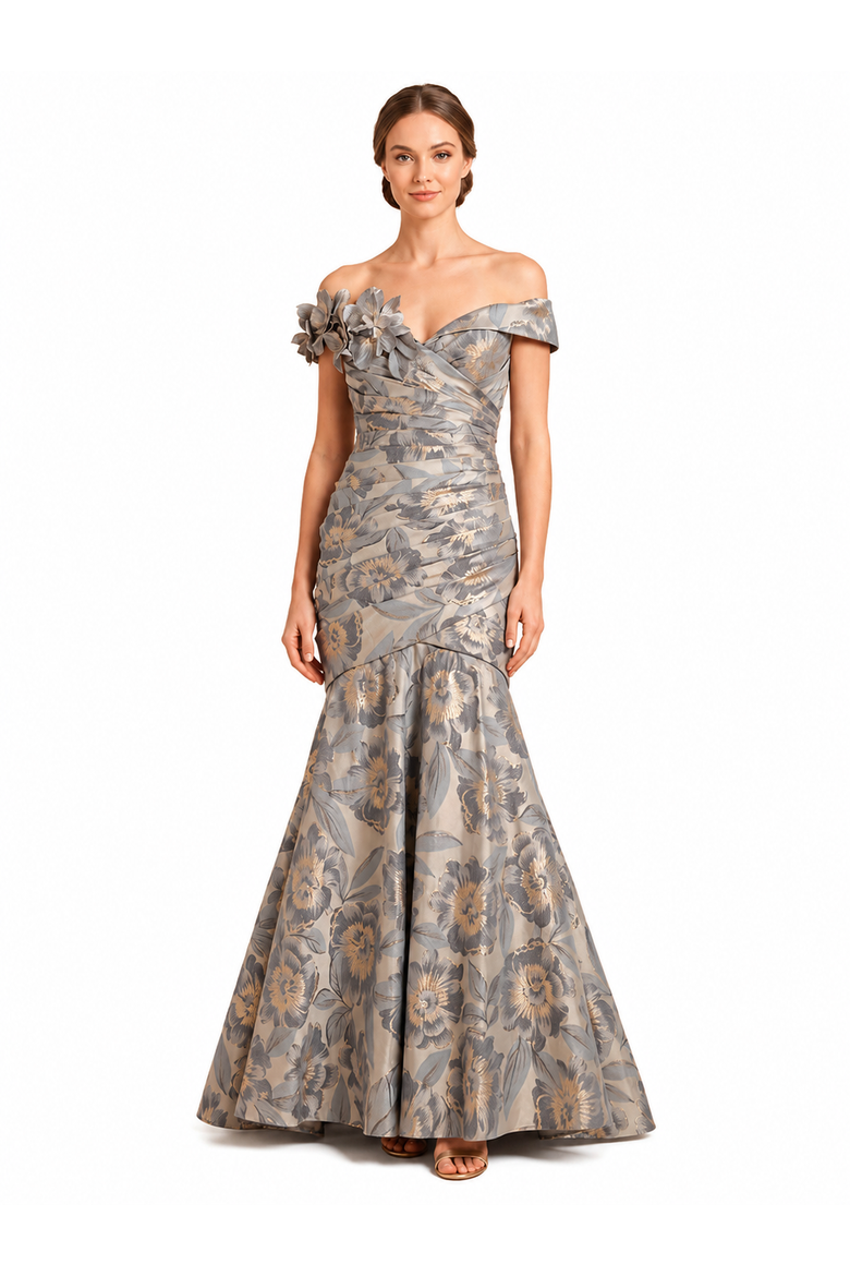 Off Shoulder Brocade Mermaid Gown, Main, color, Grey Gold