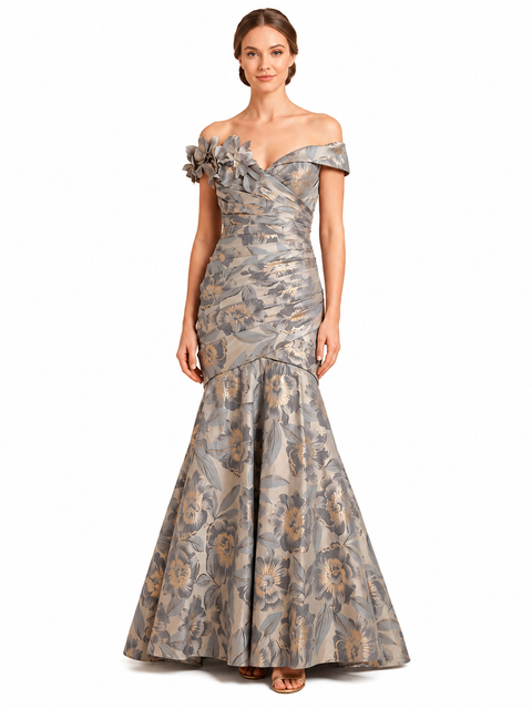 Off Shoulder Brocade Mermaid Gown