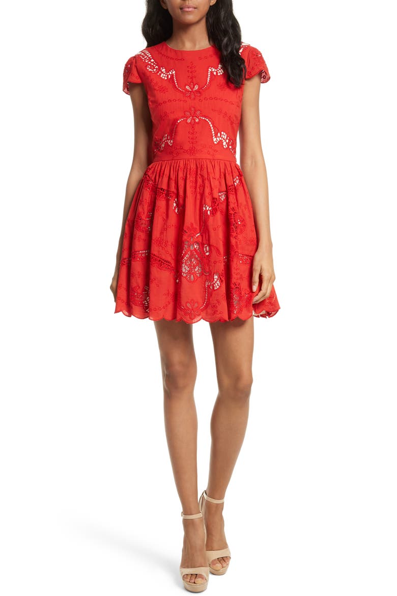 Karen Eyelet Embroidered Party Dress, Main, color, POPPY