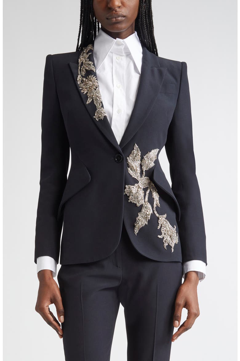 Banshee Embroidery Leaf Crepe Blazer, Main, color, BLACK